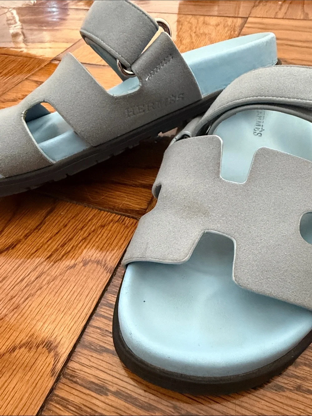 Hermes Light Blue and Gray Suede Slide Sandals - Picture 2 of 5
